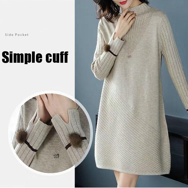 Autumn and Winter Long Thick A-line Knitted Dress Women Loose Pullover Sweater Dress Bottoming Wool Sweater