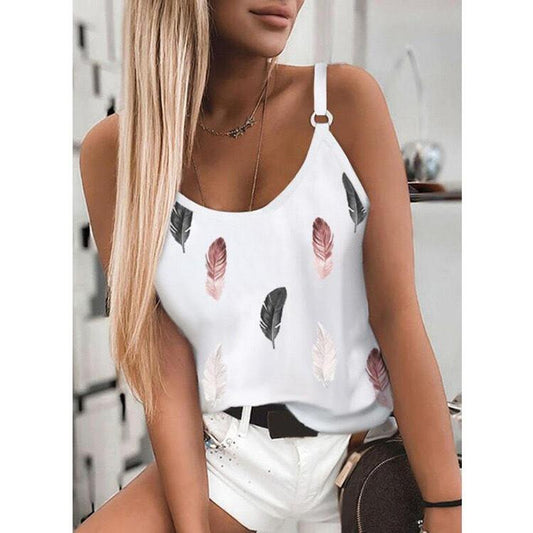 Fashion Women Summer Casual Feather Print Spaghetti Straps Sleeveless Tank Tops