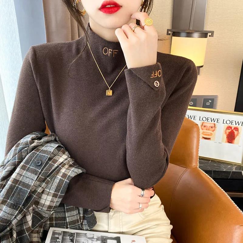 Women's Half Turtleneck German Velvet Bottoming Shirt Solid Color Letter Embroidery Slim Sweater