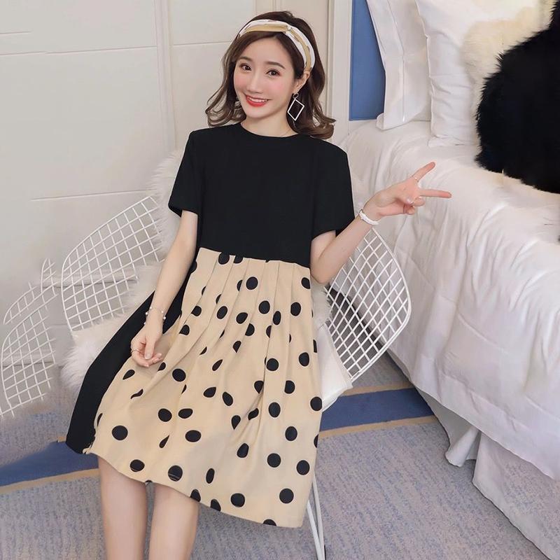 Loose Mid-length Polka Dot Pattern Short-sleeved Dress Mid-length Loose Large-size Dress Ladies Casual Dress Sweet Temperament