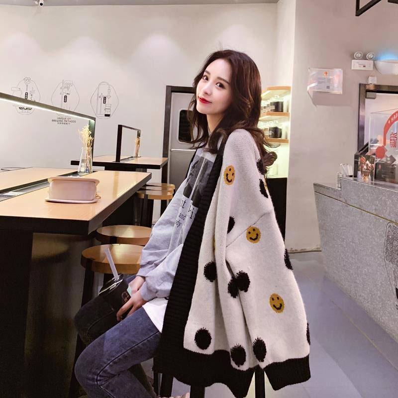 Cardigan Women V-Neck Sweater Smiley Face Cardigan Women Long Sleeve Loose Versatile Sweater Jacket