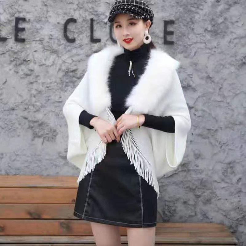 Ladies Autumn Winter Loose Fur Collar Shawl Luxurious Thick Warm Cardigan Jacket Ladies All-match Cardigan Jacket Knitting Tassel Wrap Cape Cloak