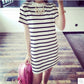 Fashion S-3XL Maxi T Shirt Women's Cute White and Black Strips Loose Tops Dress