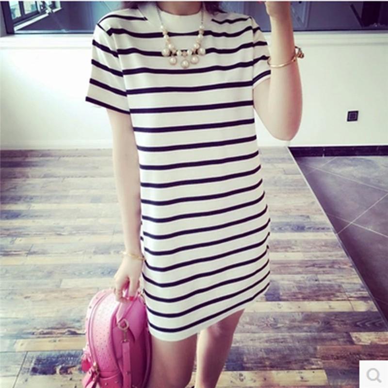 Fashion S-3XL Maxi T Shirt Women's Cute White and Black Strips Loose Tops Dress