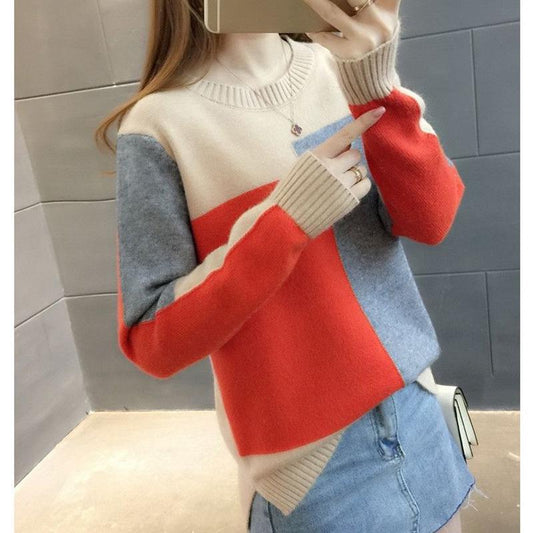 Candy-colored Knitted Bottoming Shirt Color-blocking Padded Jacket Long-sleeved Round Neck Plus Size Sweater Women