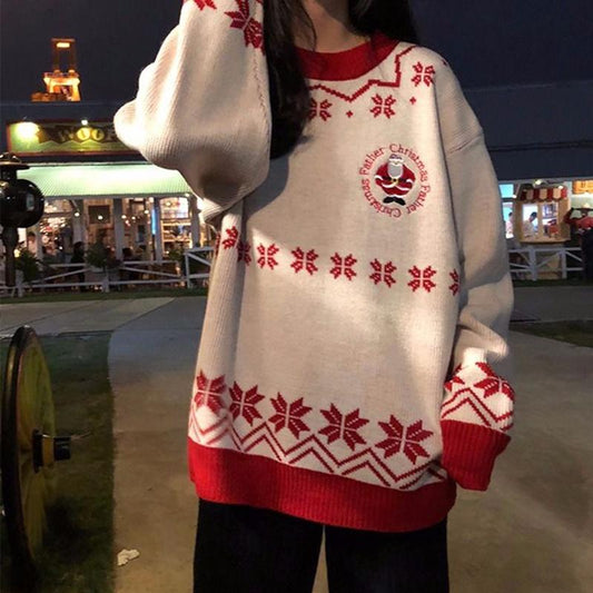 Autumn  Winter Women's Loose Santa Claus Snowflake Long-sleeved Pullover Loose Bottoming Sweater Knited  Top