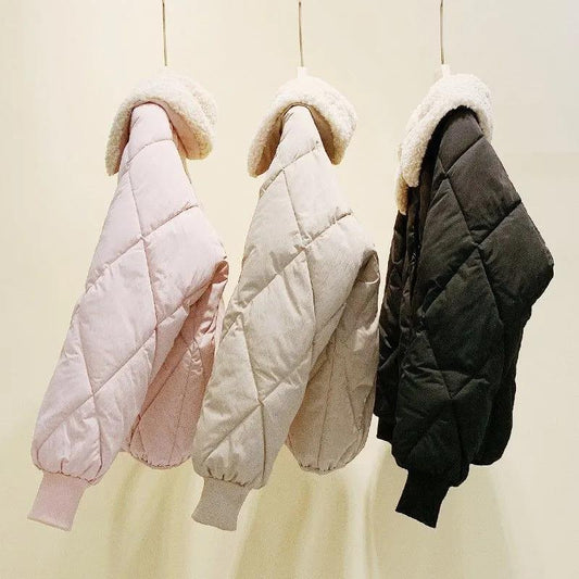 2021 New Prismatic Lattice Lamb Wool Cotton Jacket Women Thick Winter Small Quilted Jacket Short Students