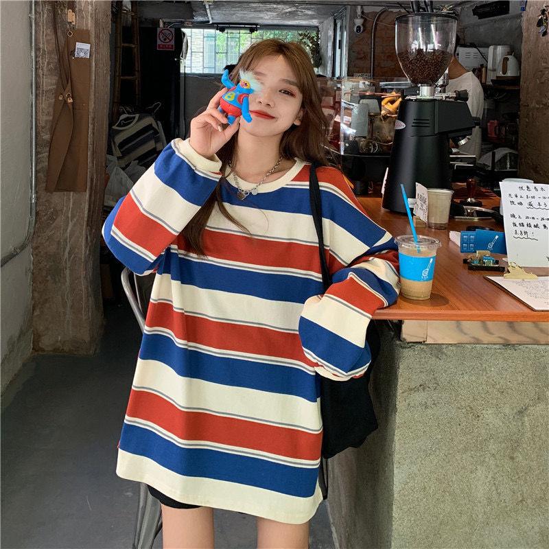 Striped T-Shirt Casual Autumn Ladies Loose Tee Female Women Long Sleeve Pullover
