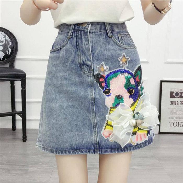 Pofulove S-5XL Women Irregular Cartoon Denim Skirt High Waist Slim Sexy A-line Package Hip Skirt