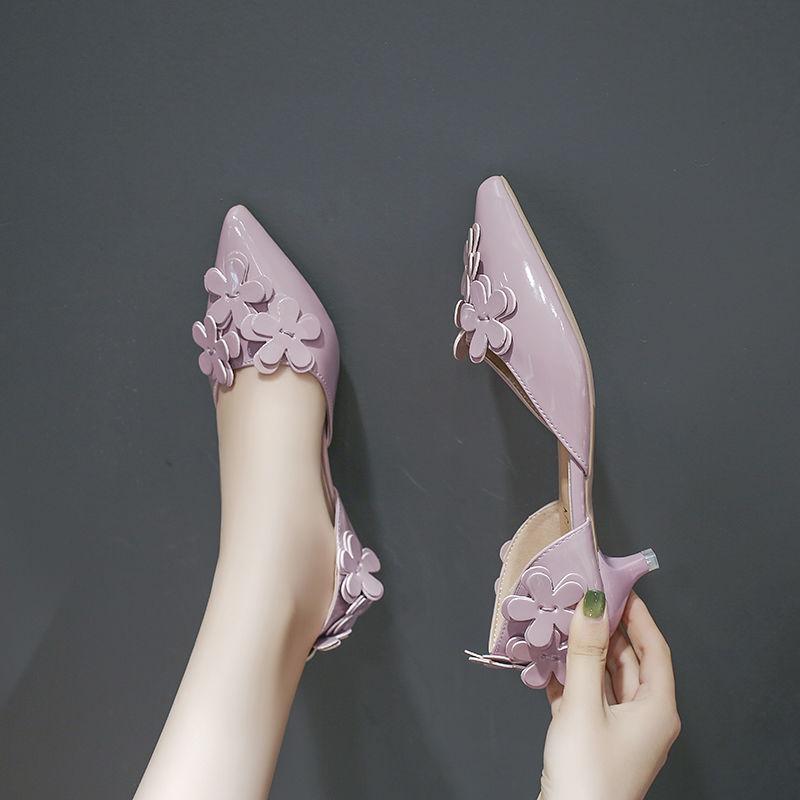 Korean Version  Sweet  Versatile Pointed Toe Single Shoes Women's High Heels 3cm Hollow Flower Low-heeled Small Stiletto Low-heeled Shoes