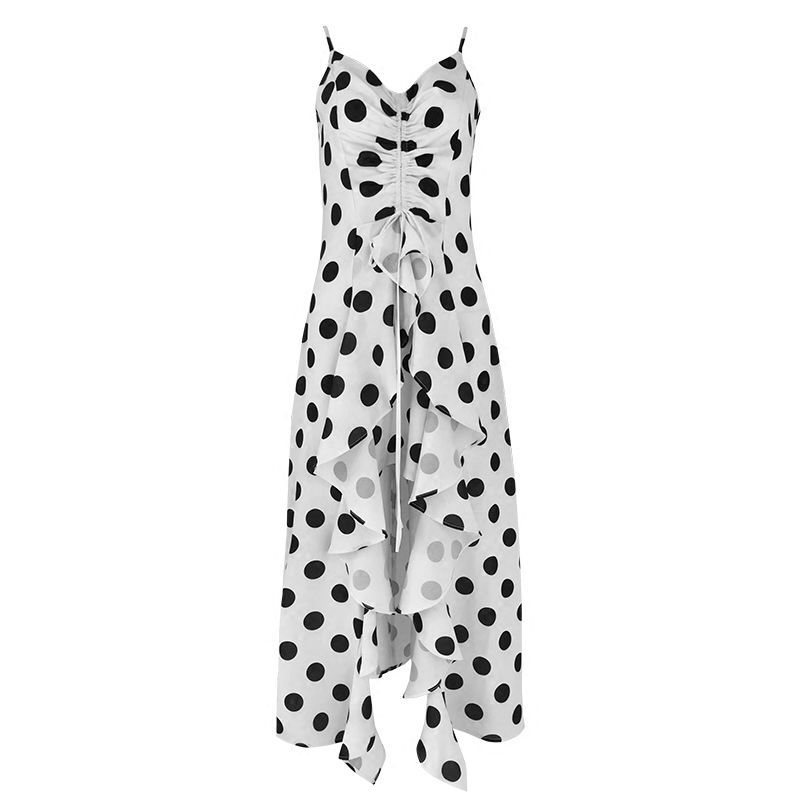 Sling Dress Beach Dress Fairy Seaside Vacation Long Dress Travel Black and White Polka Dot Sling Dress Waist Was Thin