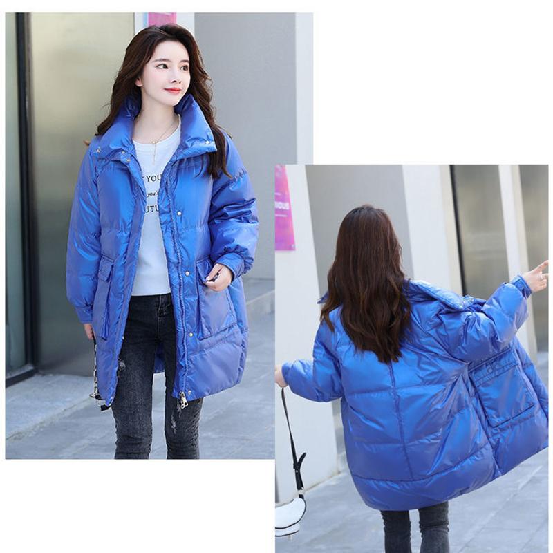 Women's Winter Korean Loose Quilted Coat Warm Stand-collar Down Jacket Women's Glossy Mid-length Down Jacket