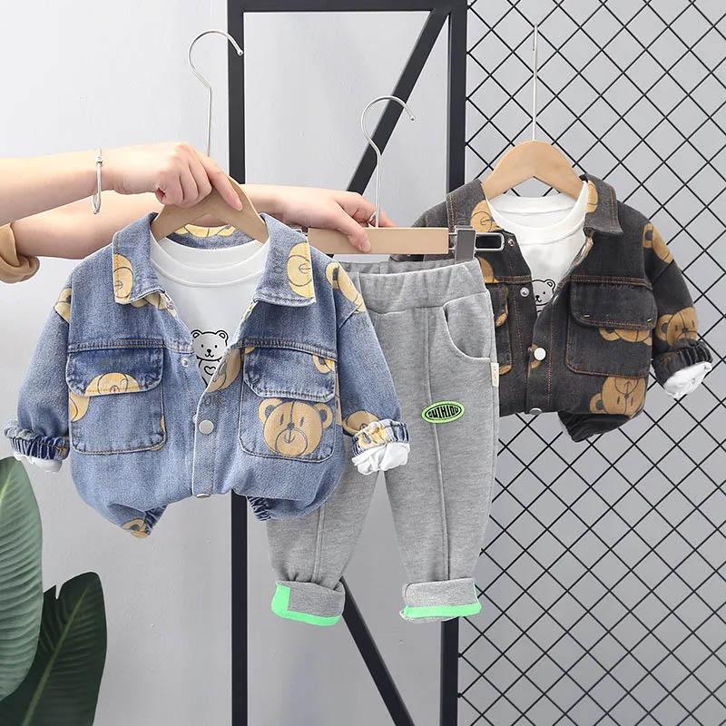 Baby Spring and Autumn Suits 0-5 Years Old Children's Cool and Cute Cowboy Three-piece Printed Long-sleeved Cute Bear Pattern Children's Suit
