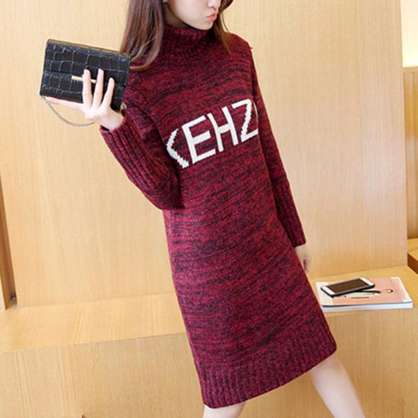 Autumn and Winter Korean Letter Sweater Skirt Thick Bottoming Shirt Mid-length Turtleneck Loose Pullover Sweater Women