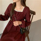 Spring and Autumn Korean Version of French Temperament Square Collar Lace Folds Waist Dress Students