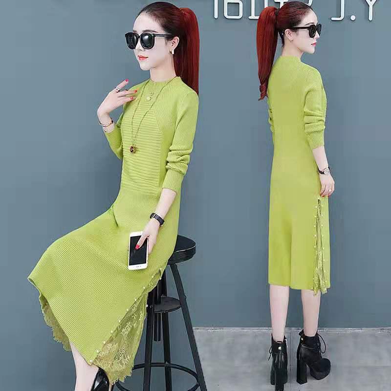 Sweater Dress Female Long-sleeved Autumn Winter Thickened Over Knee Knitted Skirt Black Long Skirt
