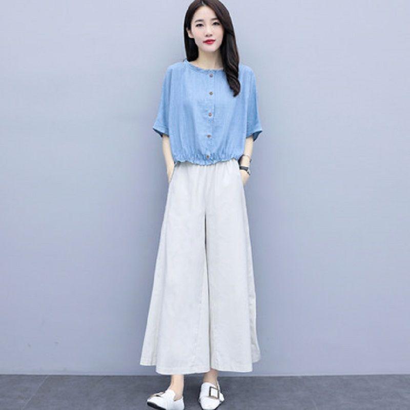 Cotton and Linen Large Size Loose Round Neck Short-sleeved Shirt Casual Wide-leg Pants Two-piece Fabric Lightweight Breathable Large Size Ladies Suit