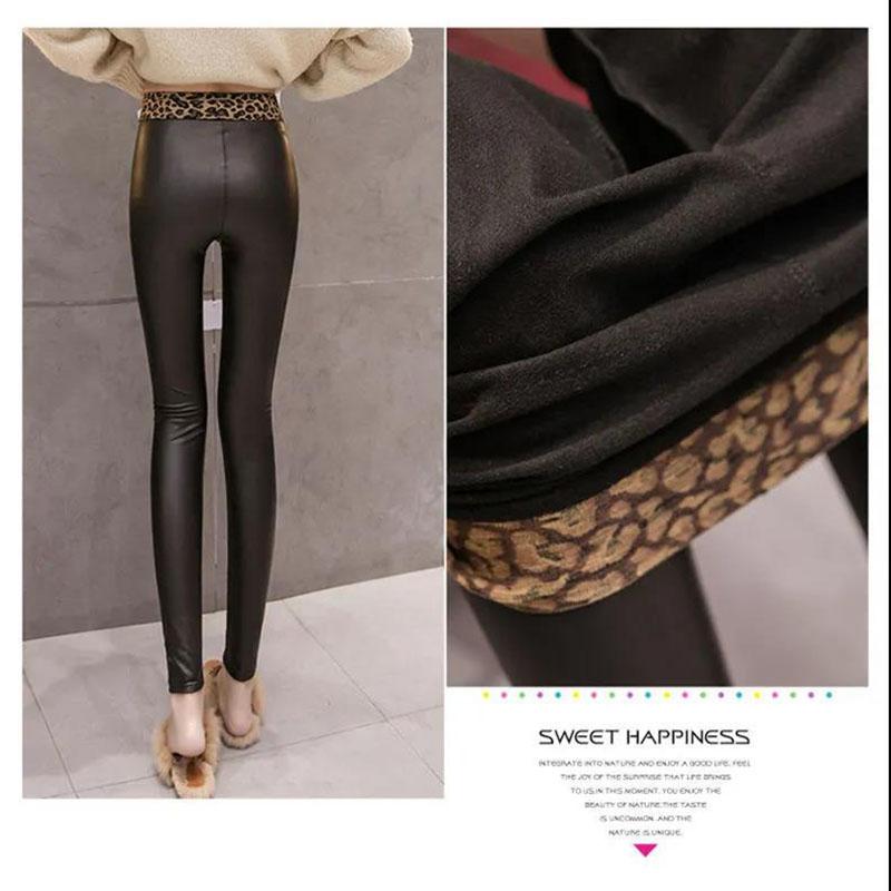 Autumn/winter Leather Pants Women's Outer Wear Thin Velvet Medium-thick Leopard Print Waist  Wide Waist Thinner Large Size Stretch Tights Leggings