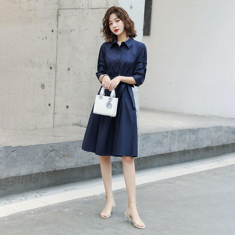 Spring Summer Women's Shirt Dress Mid-length Skirt Ladies Professional Wear All-match Long-sleeved Solid Color Dress