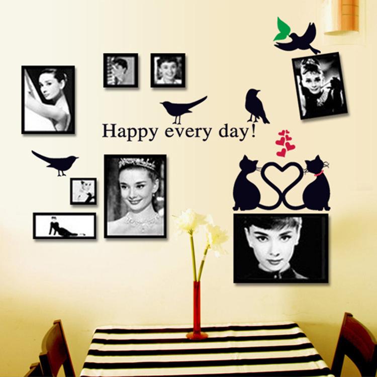 Couple small black cat photo frame blackboard stickers with pictures Love bird ring wall stickers