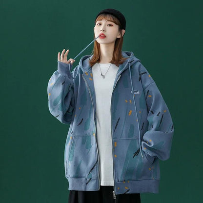 Autumn and Winter Oversize Loose Sweater Women's Ins Thin Coat Baseball Uniform Outer Wear Hooded Cardigan Large Pocket Long-sleeved Sweater