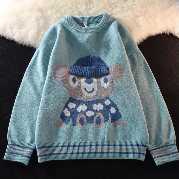 White Sweater Men's Loose Lazy Spring and Autumn Loose Couple Knitted Woolen Coat Retro Japanese Bear Sweater