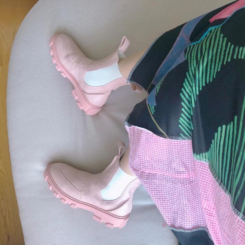 Women Boots Platform Chunky Shoes Black Pink Leather Chelsea Boots Ankle Booties Fashion Goth Punk Boots Woman Shoes