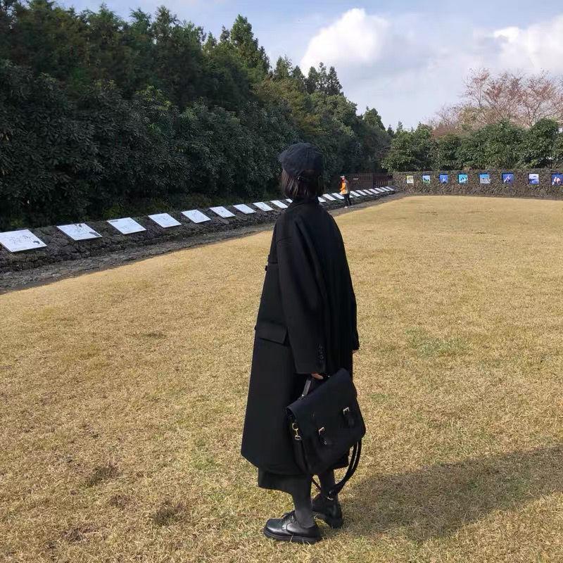 Winter Woolen Coat Women's Mid-length Black Western Style Loose and Thin Student Woolen Coat Women