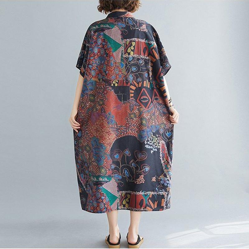 WTEMPO Plus Size Turn-down Collar Women Dress Summer Long Dress Casual Mid-calf Length Pattern Button
