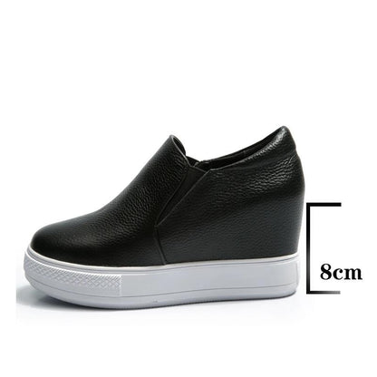 Women's 8cm Height-increasing White Shoes Single Shoes Real Cowhide Thick-soled Pedal Lazy Casual Shoes Flat-bottomed High-heeled Shoes for Students