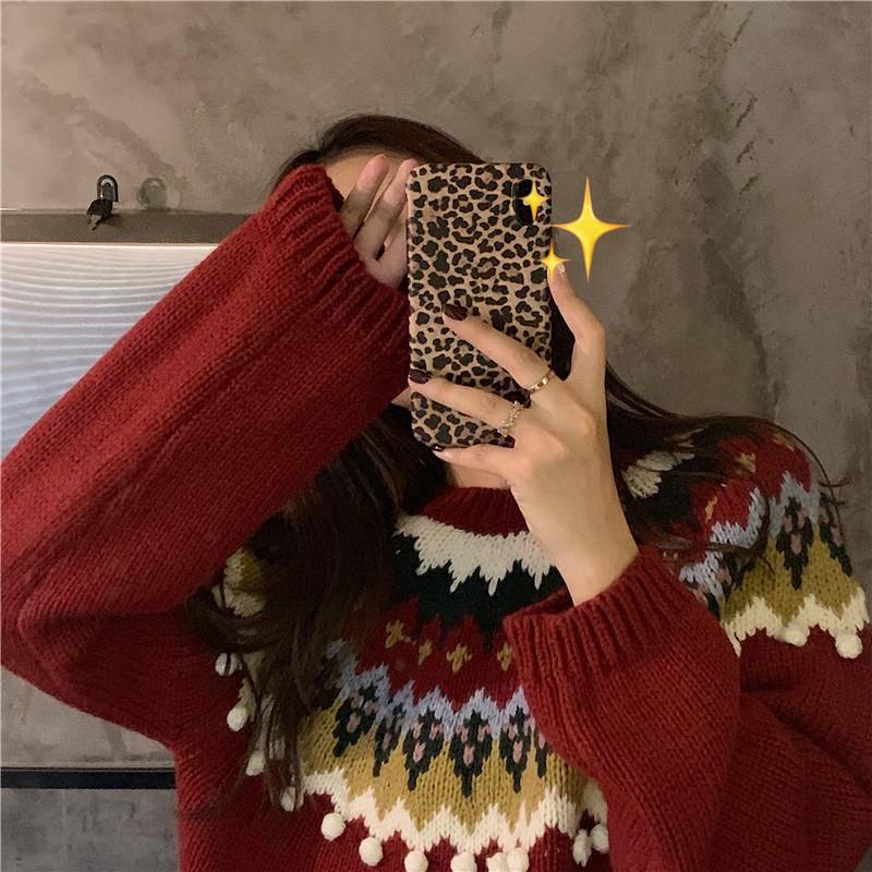 Christmas Theme Women WinterBall Tassel Knitwear Pullover Red Crew Neck Loose Jumper Top