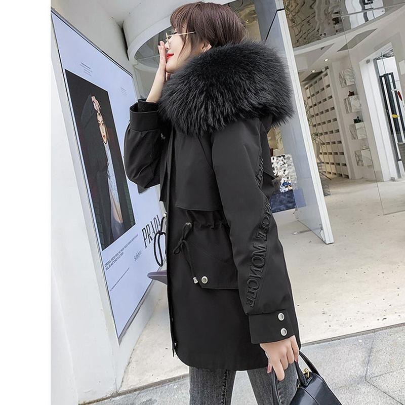 Pai Overcome Women's Loose Hooded Big Fur Collar Imitation Rex Rabbit Fur Liner Mid-length Fur Coat Warm Cotton Winter Jacket