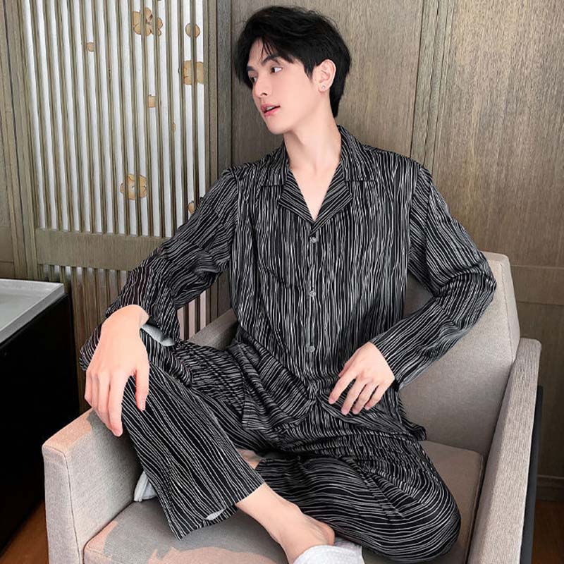 Men's Pajamas Summer Cardigan Ice Silk Thin Section Spring and Autumn Long-sleeved Trousers Youth Plus Size Silk Homewear Suit