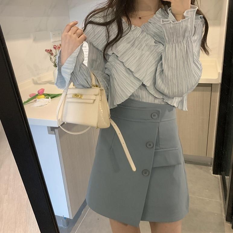 Spring and Summer Palace Style Trumpet Sleeve Shirt Women  Lotus Sleeve