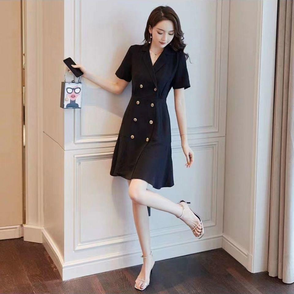 Vintage Suit Collar Short Sleeve A Line Dresses Elegant France Office Ladies Dress Retro Robe Dress