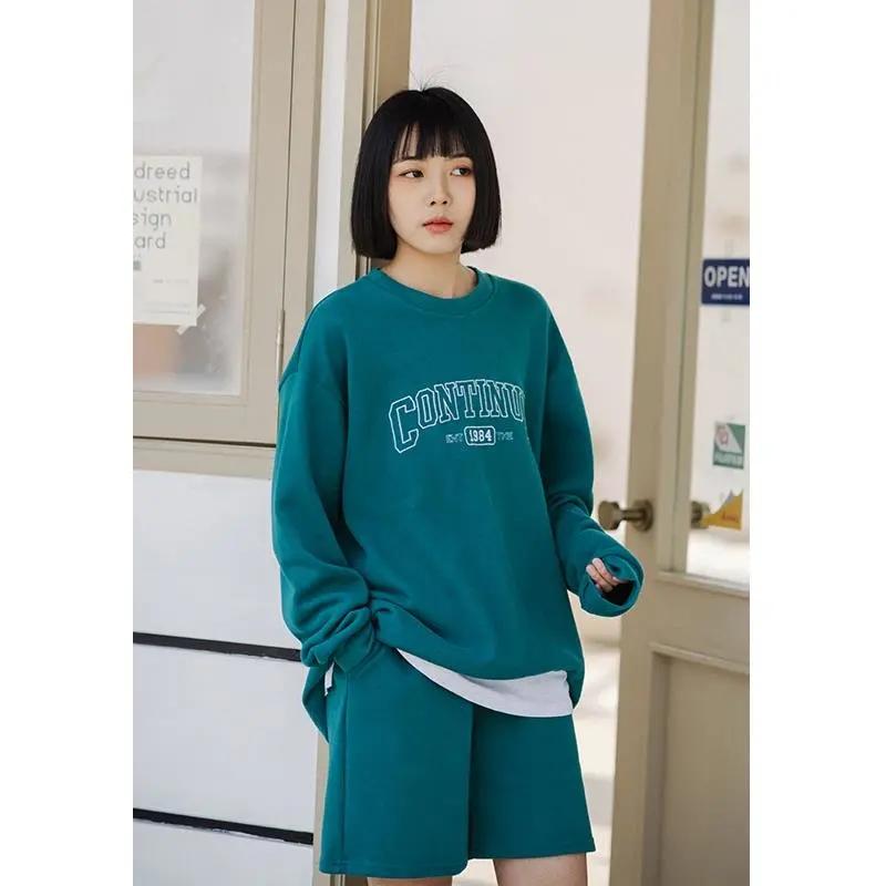 2PCS Spring and Autumn Sports Suit Women's Lazy Wind Solid Color Casual Sweater + Loose Shorts Suit Two-piece Set Hip Hop Athletic Clothing Sets