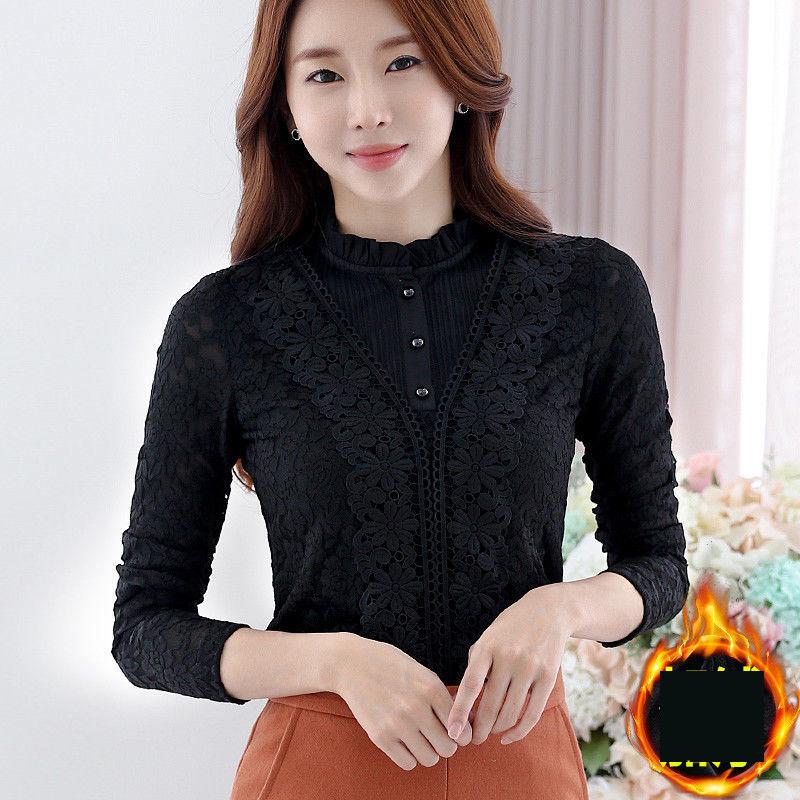 Fashion Trend Ladies Lace Sweater Autumn and Winter Slim Sexy Plus Velvet Thick Warm Blouse