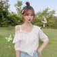 Off-shoulder Ruffled Sweet and Loose Short-sleeved Chiffon Shirt Women's White Off-the-shoulder Shirt Lace Trim Design Ruffled Trim
