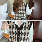 Women's Autumn Sweater Art British Style Hit Color Geometric Knitted Sweater Vest V-neck Loose Button Sleeveless Cardigan Waistcoat College Style