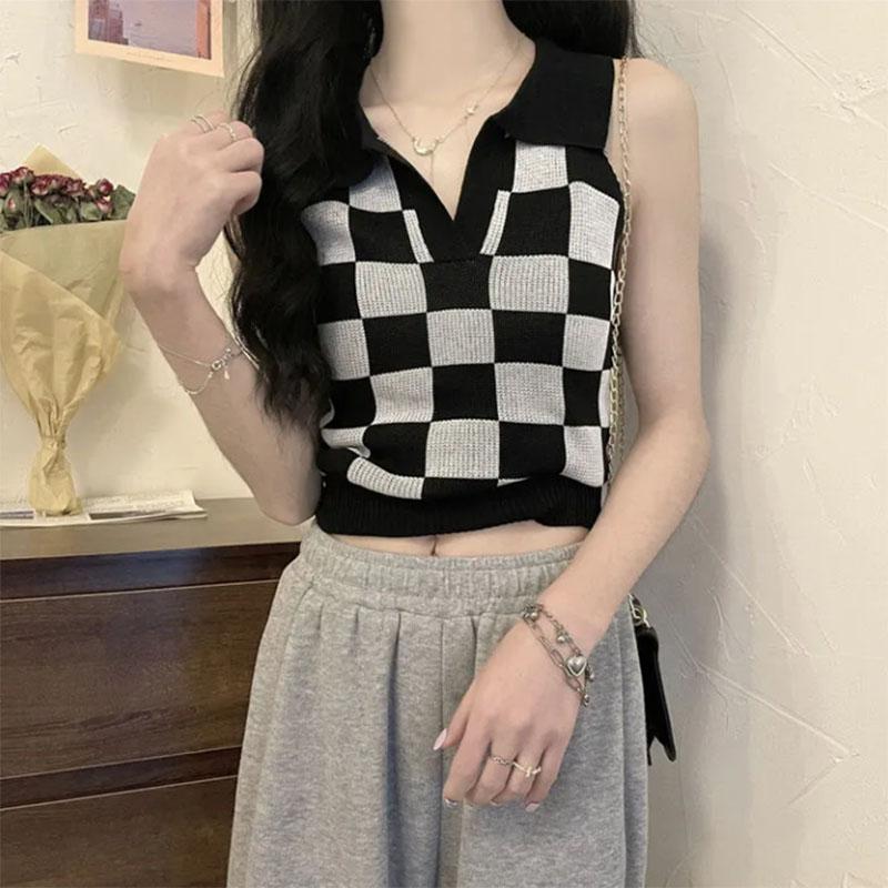 Short Checkerboard Slim Ice Silk Knitted Vest for Women with A Sense of Niche Outside Wearing Polo Collar Sleeveless Top