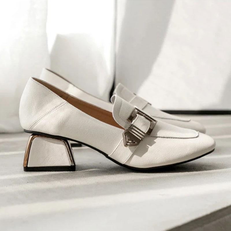 Soft Surface Comfortable Real Cowhide Thick Mid-heel Work Shoes Casual Shoes Single Shoes Women's Square Toe English Small Leather Shoes