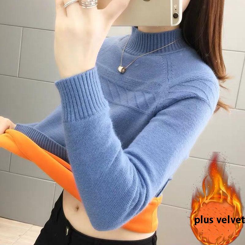 Fall/Winter Women Plus Velvet High-necked Sweater Short Thickened Warm Pullover Sweater Large Size Knit Jumper Bottoming Shirt