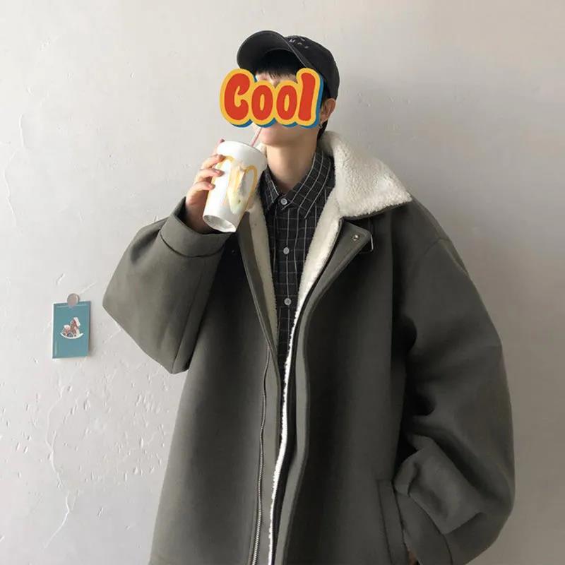 Winter Artificial Lamb Wool Cotton Clothing Men's Loose Plus Velvet Thick Solid Color Warm Jacket Men's Stand Collar Zipper Cotton Clothing