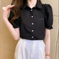 Summer Short Sleeve Women's Solid Color Puff Sleeve Polo Collar Shirt