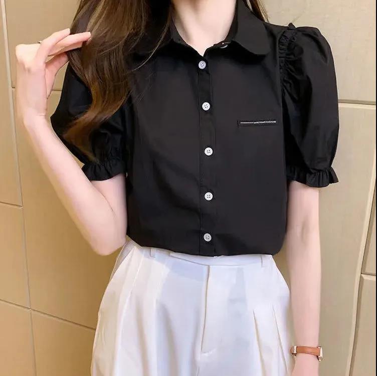 Summer Short Sleeve Women's Solid Color Puff Sleeve Polo Collar Shirt