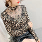 Women's Autumn and Winter Plush Leopard Print Bottom Shirt Large Size Long Sleeve Lace Embroidered Top