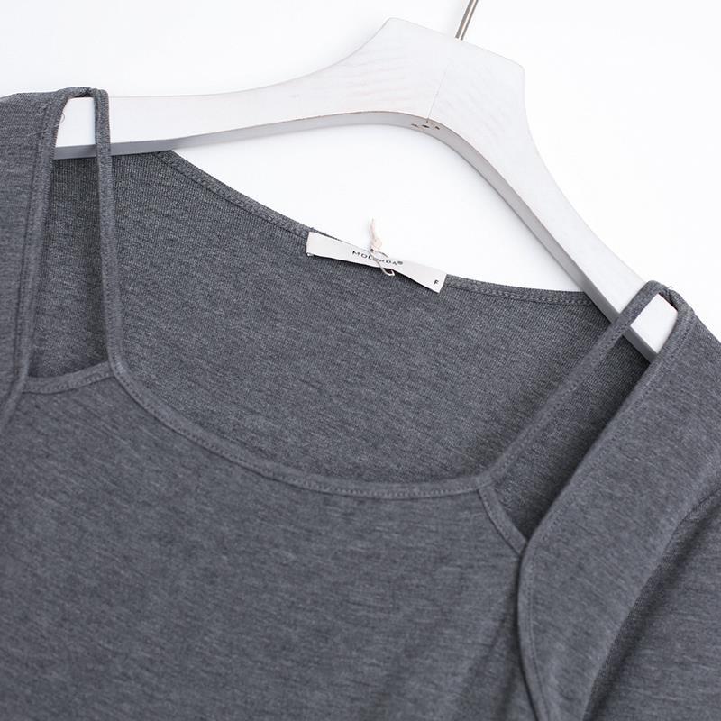Short Solid Color Long Sleeve T-Shirt Female Student Drawstring Sling Long Sleeve Top Women