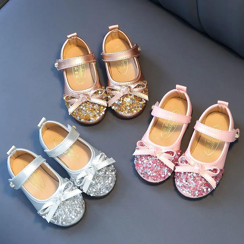 Girls' Leather Shoes Spring and Autumn Non-slip Soft Sole Children's Single Shoes Baby Peas Shoes Crystal Girl Princess Shoes