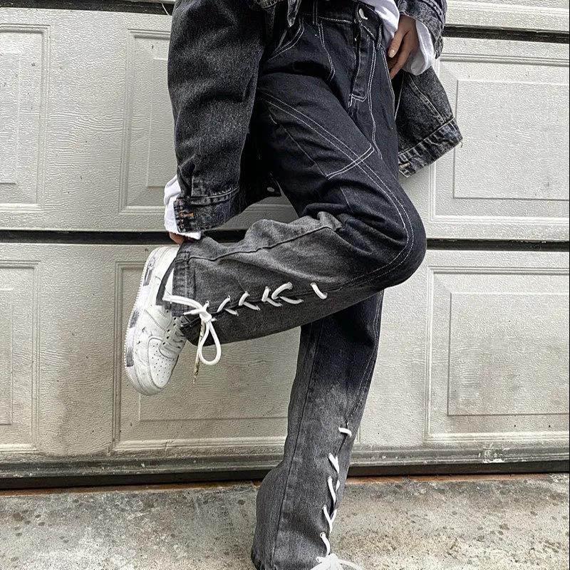 American High School Tide Cards Gradient Straps Jeans Female Spring Autumn Loose High Waist Wild Trousers Tide