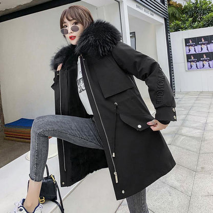 Pai Overcome Women's Loose Hooded Big Fur Collar Imitation Rex Rabbit Fur Liner Mid-length Fur Coat Warm Cotton Winter Jacket